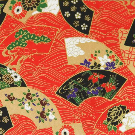 grande feuille papier japonais, YUZEN WASHI, rouge, motif Fleur sur la vague, éventail des quatre saisons