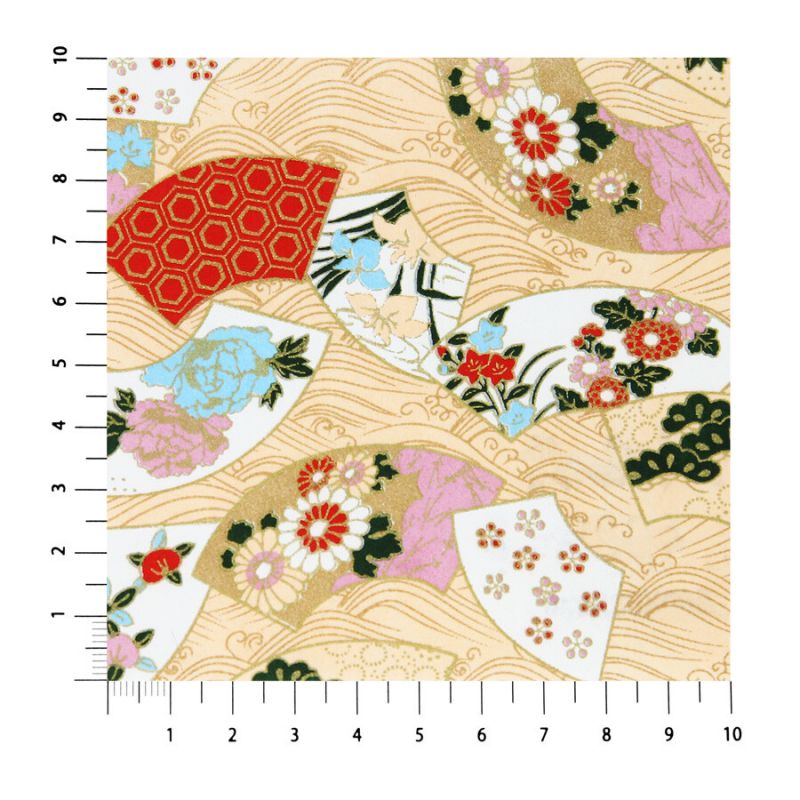 grande feuille papier japonais, YUZEN WASHI, beige, motif Fleur sur la vague, éventail des quatre saisons