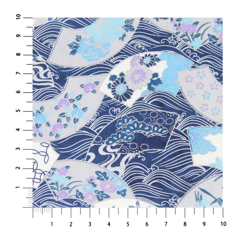 hoja grande de papel japonés, YUZEN WASHI, azul, Estampado de flores en la ola, abanico de las cuatro estaciones