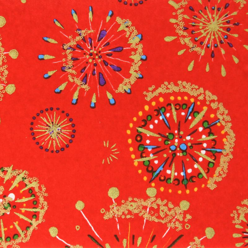 hoja grande de papel japonés, YUZEN WASHI, rojo, diseño de fuegos artificiales - HANABI