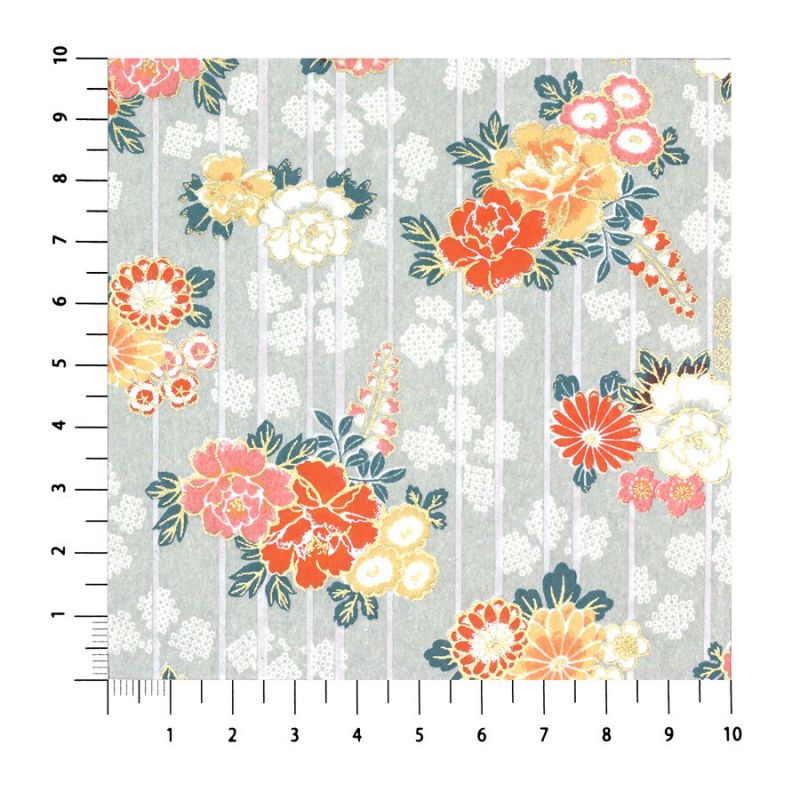 grande feuille papier japonais, YUZEN WASHI, gris, Motif pivoine sur bandes verticales