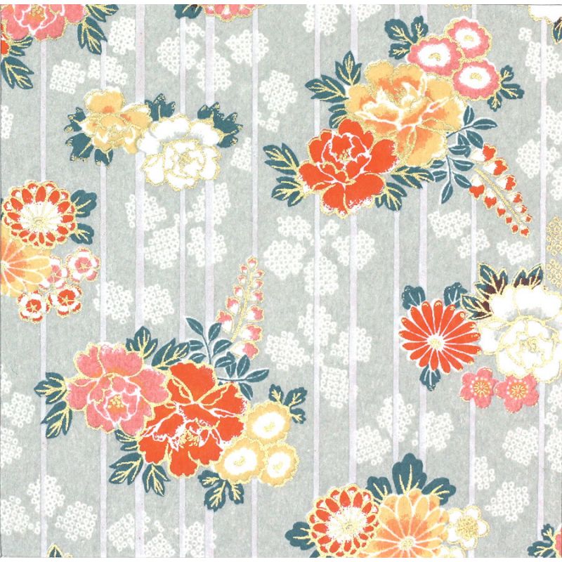 grande feuille papier japonais, YUZEN WASHI, gris, Motif pivoine sur bandes verticales