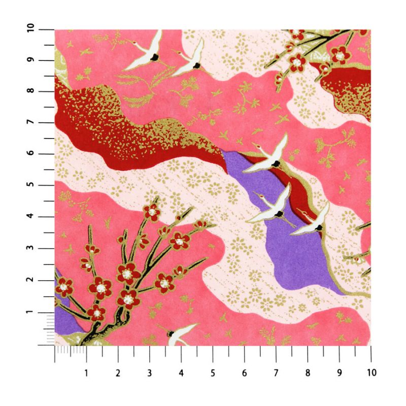 grande feuille papier japonais, YUZEN WASHI, rose, motif Grue et fleurs de prunier rouge et blanc