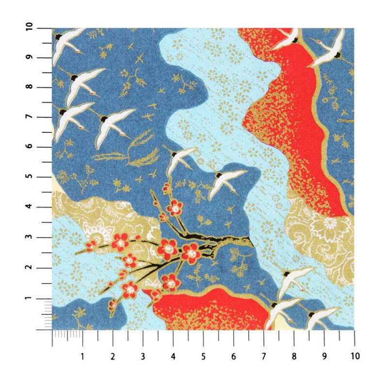 grande feuille papier japonais, YUZEN WASHI, bleu, motif Grue et fleurs de prunier rouge et blanc