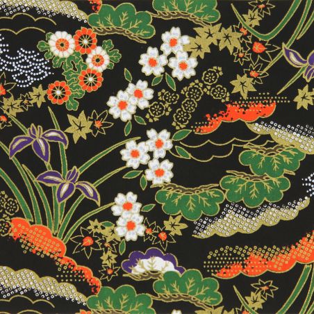 grande feuille papier japonais, YUZEN WASHI, noir, motif Hanayose