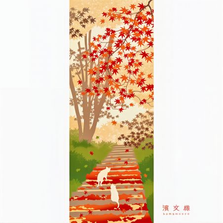 Cotton towel, TENUGUI, Walking cat and autumn leaves