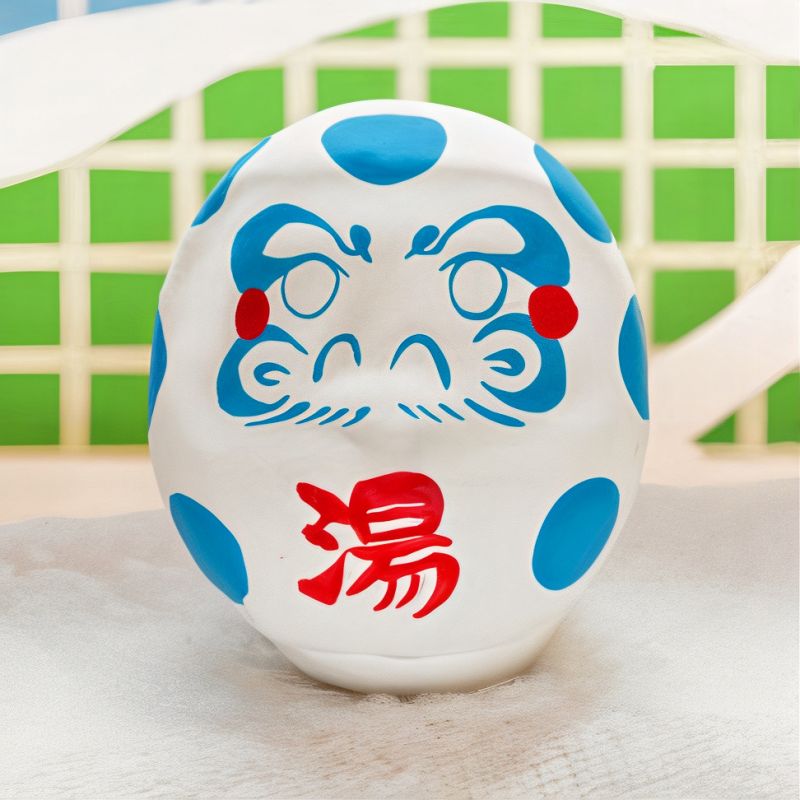 Japanese doll, DARUMA in hot springs, blue and white, Onsen