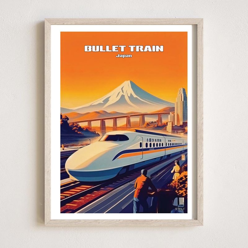 Póster japonés / ilustración "Bullet Train" Shinkansen y Monte Fuji, by ダヴィッド