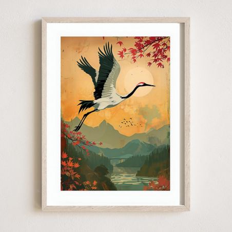 Ilustración japonesa "Tsuru" el vuelo de la grulla japonesa, de ダヴィッド