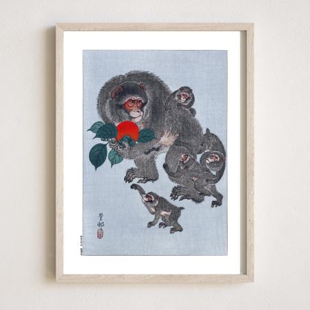 Japanese print, a mother monkey and her infants, OHARA KOSON