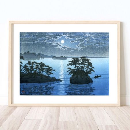 Riproduzione della stampa Kawase Hasui, Moonlight in Matsushima, Matsushima, Futagojima