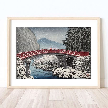 Riproduzione di stampe Kawase Hasui, Neve al ponte Kamibashi a Nikko, Nikko kamibashi no yuki