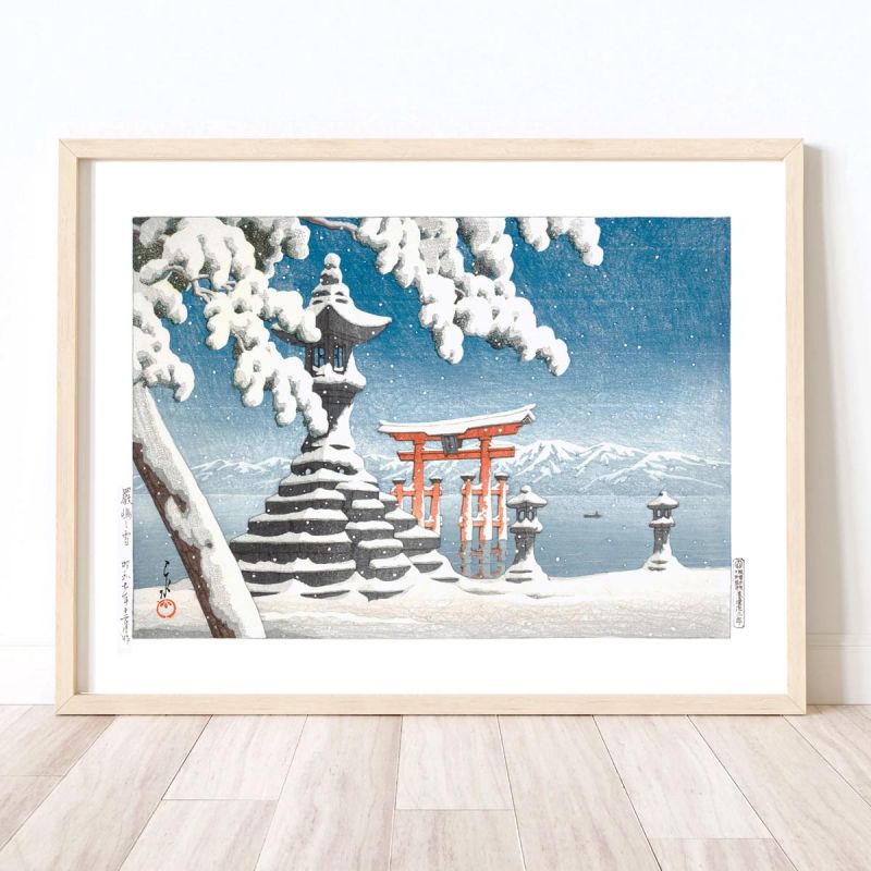 Riproduzione in stampa di Kawase Hasui, Snow in Itsukushima, Itsukushima no yuki