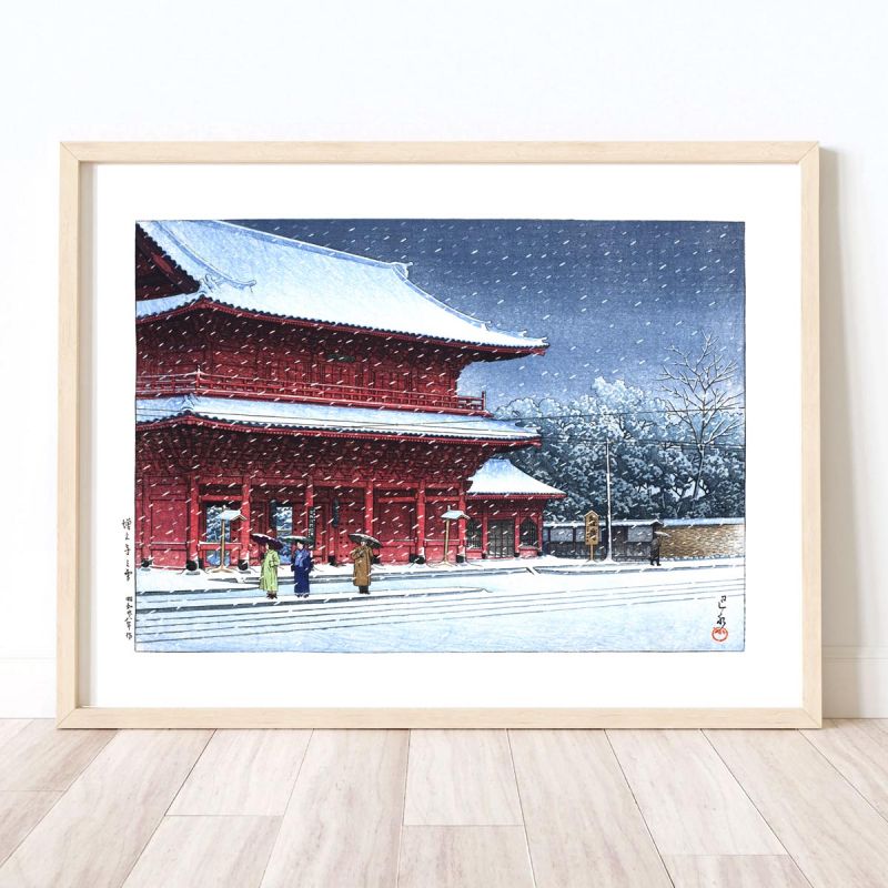 Druck Reproduktion von Kawase Hasui, Schnee am Zojoji-Tempel, Zojoji no yuki