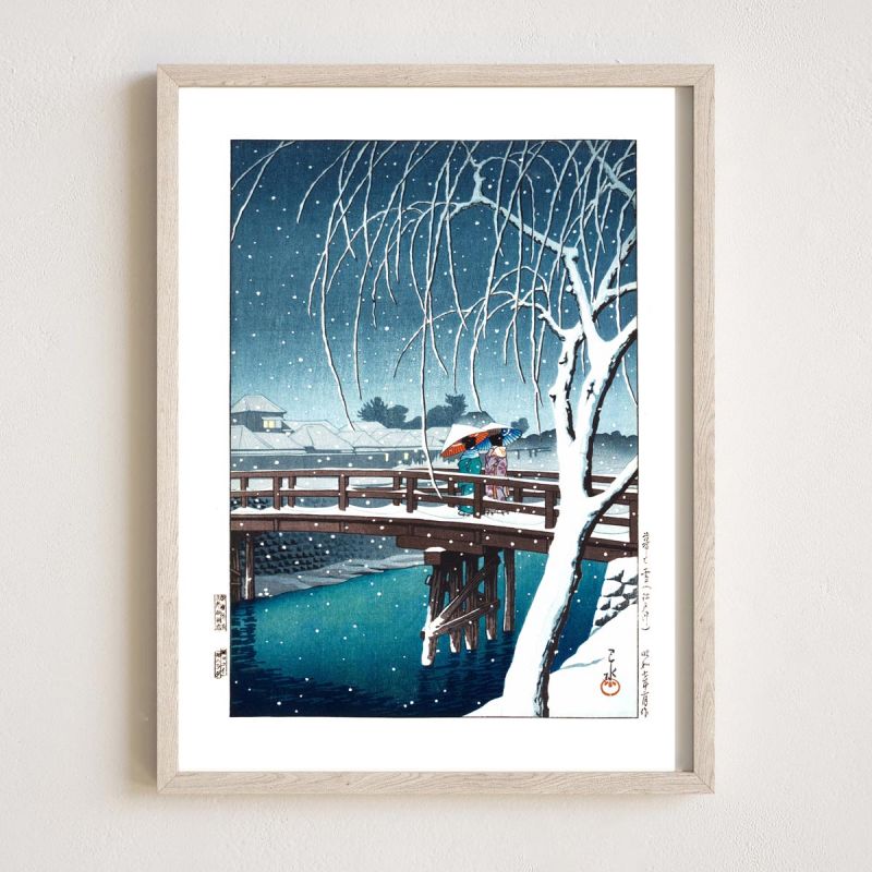 Kawase Hasui Druckreproduktion, Abendschnee am Fluss Edo, Kure no yuki, Edogawa