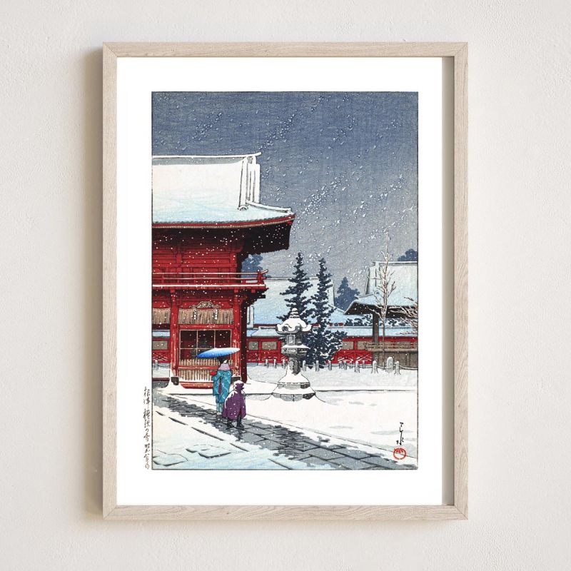 Reproduction d'estampe de Kawase Hasui, Neige au sanctuaire Nezu-Gongen, Nezu-gongen no yuki