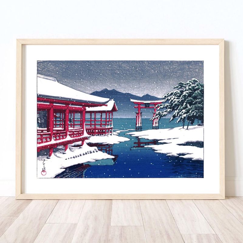 riproduzione a stampa di Kawase Hasui, Santuario di Miyajima nella neve, Miyajima no Yukigeshiki