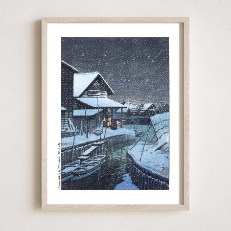 riproduzione a stampa di Kawase Hasui, Notte nevosa a Urayasu, Yuki no yoru, Urayasu