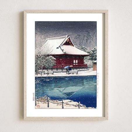 Reproduction d'estampe de Kawase Hasui, Neige au sanctuaire de Shinobazu Benten, Fu Shinobu benten no yuki