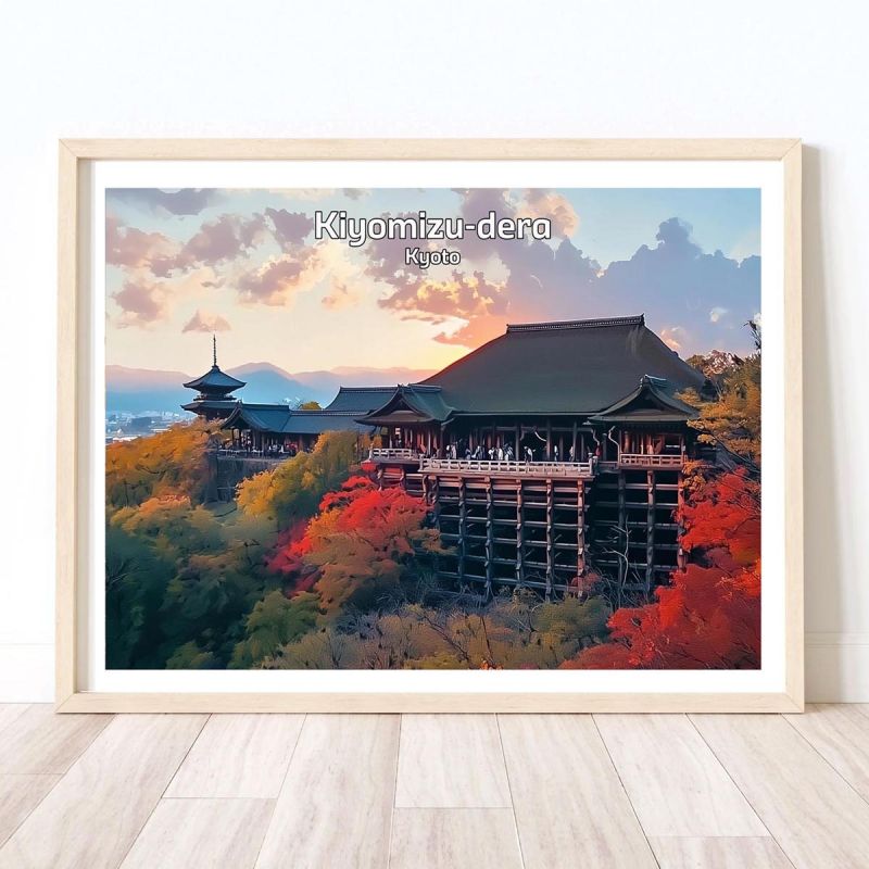 Japanese illustration of the Kiyomizu temple or Kiyomizu-dera in Kyoto, by ダヴィッド