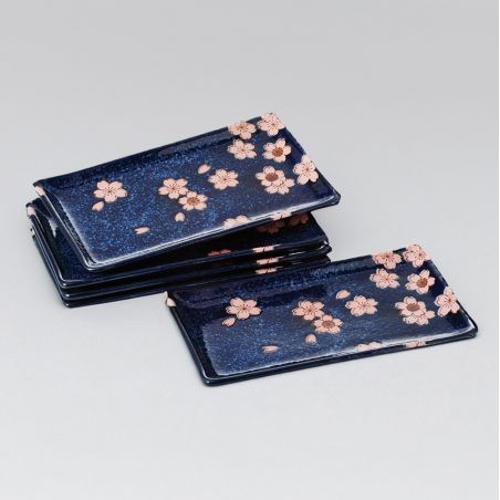 Set of 5 Japanese rectangular plates Dark blue, SAKURA