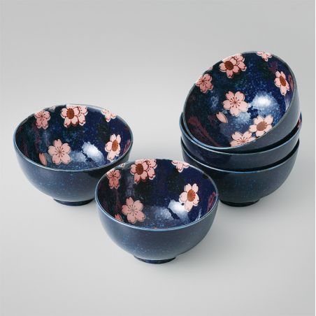 Set de 5 bols à riz japonais en céramique bleu foncé - SAKURA