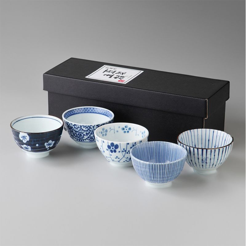 Set of 5 Japanese ceramic tea bowls - AIZOME GOSO SENCHA