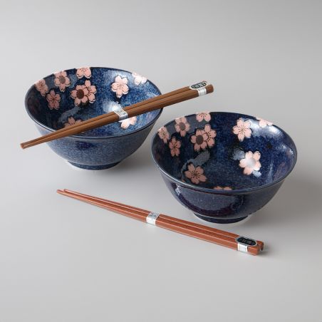 Japanese 2 ramen bowls set in ceramic with chopsticks SAKURA pink and blue