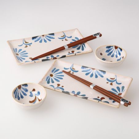 Set japonais 2 assiettes et bols avec motifs de fleurs et paires de baguettes, SAKURA NO MAI