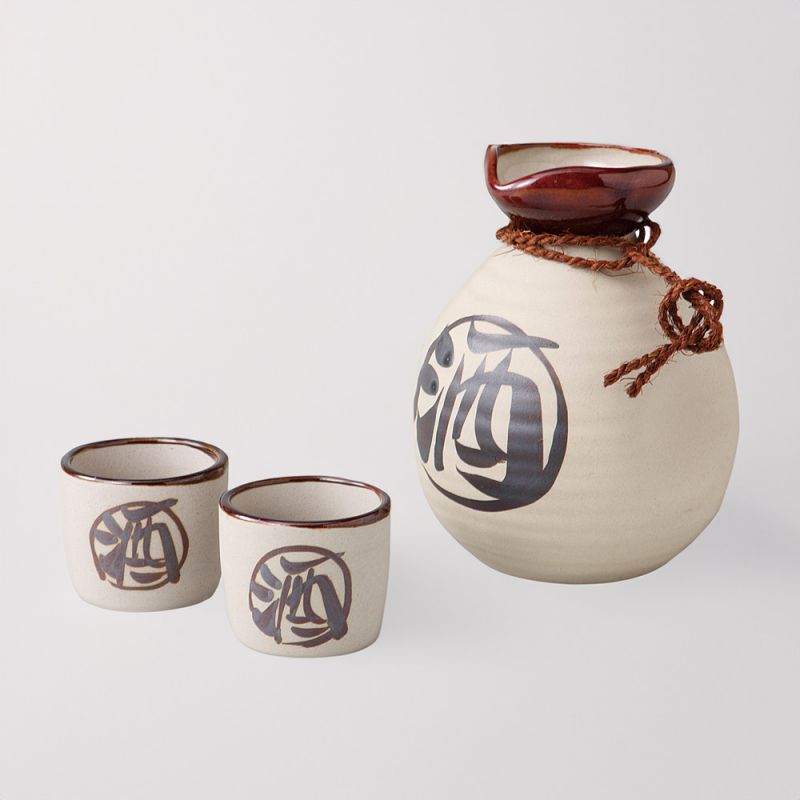 Japanisches Sake-Service, beige und braun, Kanji-Muster