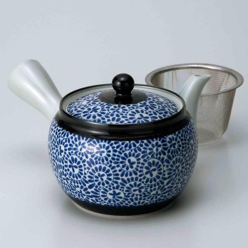 Japanische Kyusu-Teekanne aus weißer und blauer Keramik, ARABESUKU, 460 cc