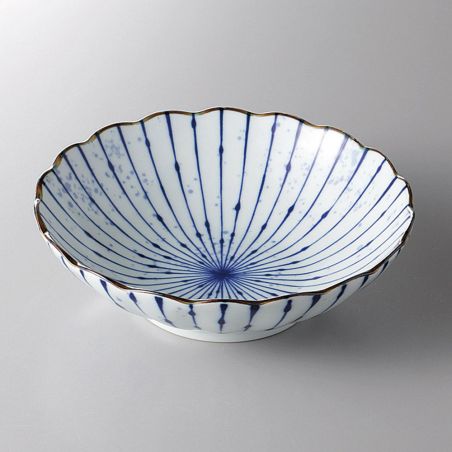 Petite assiette japonaise en céramique en forme de chrysanthème motif lignes- KIKU