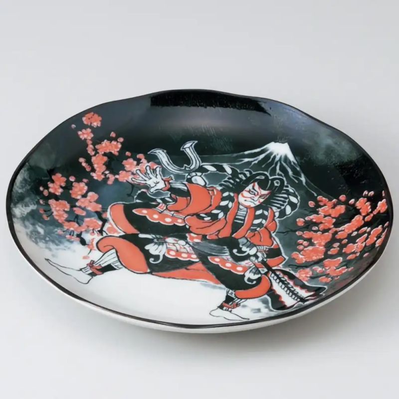 Japanese round ceramic plate, KABUKI theater, grey and red