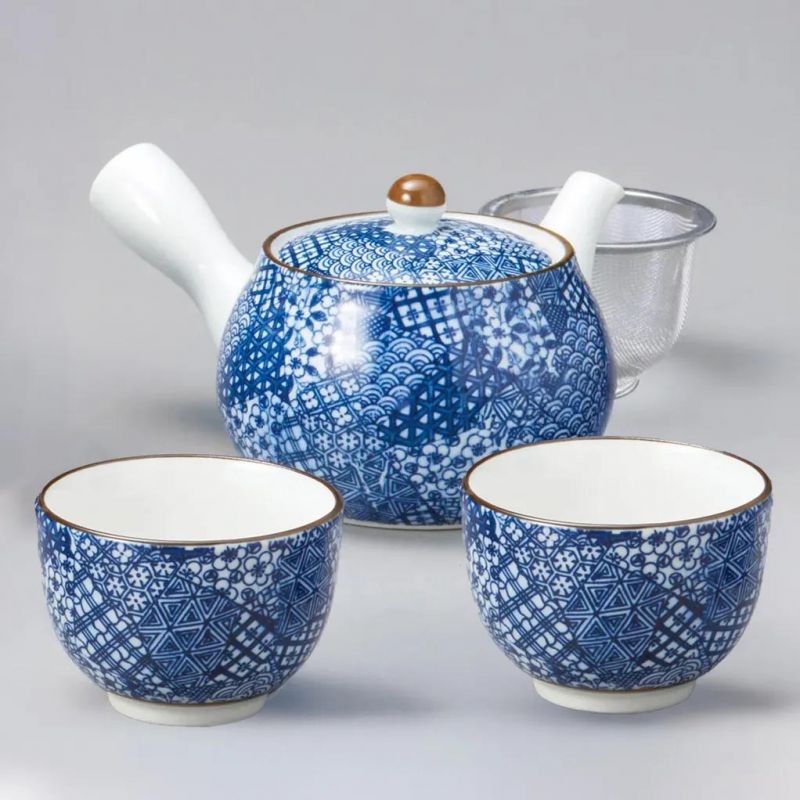 Théière japonaise en céramique bleue et blanche et ses deux tasses, 420cc- ARITA WARE