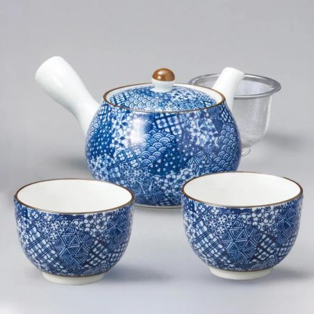 Japanische Teekanne aus blau-weißer Keramik und zwei Tassen, 420 cc – ARITA WARE