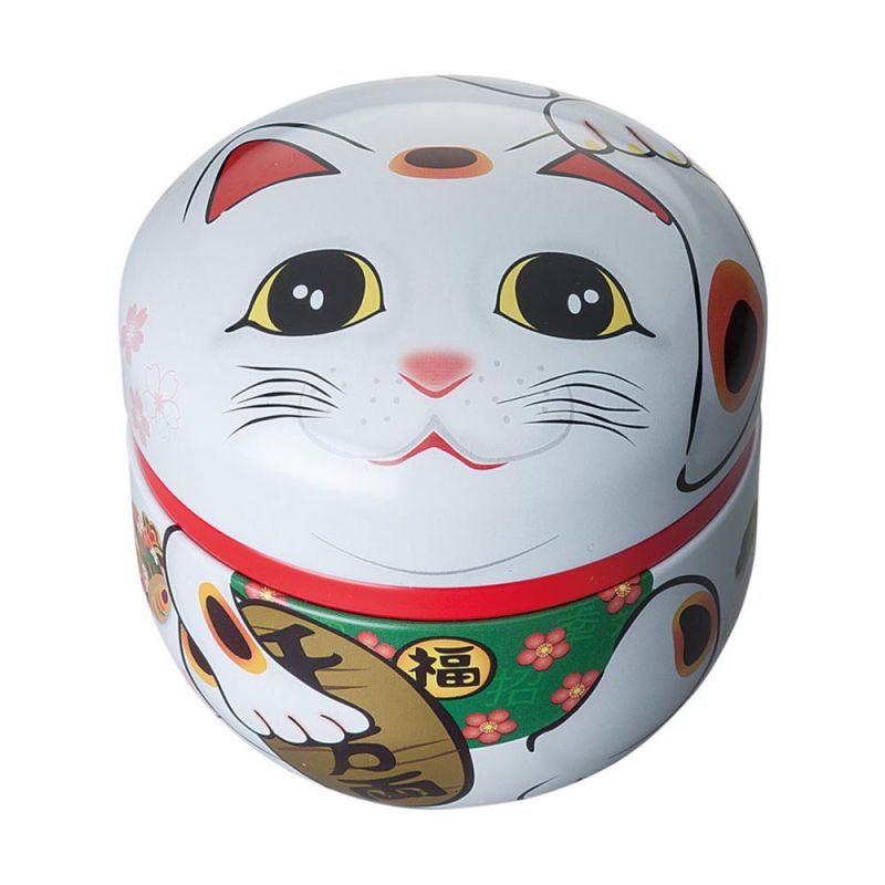 Boîte à thé japonaise blanche en métal, MANEKINEKO, 150 g