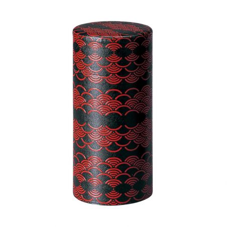 Boîte à thé japonaise noire et rouge motif vagues en métal, SEIGAIHA,200 g